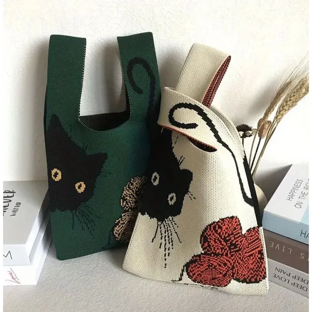 Y2k Green Knit Small Tote Bag Casual Handbag Summer Cat Lover Spring Cottagecore